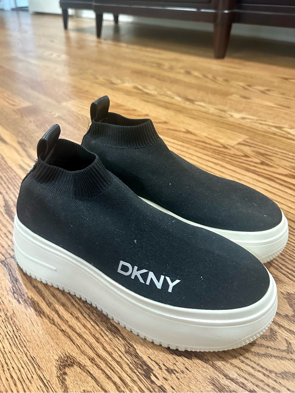DKNY Black Slip-On Knit Sneakers with White Platform